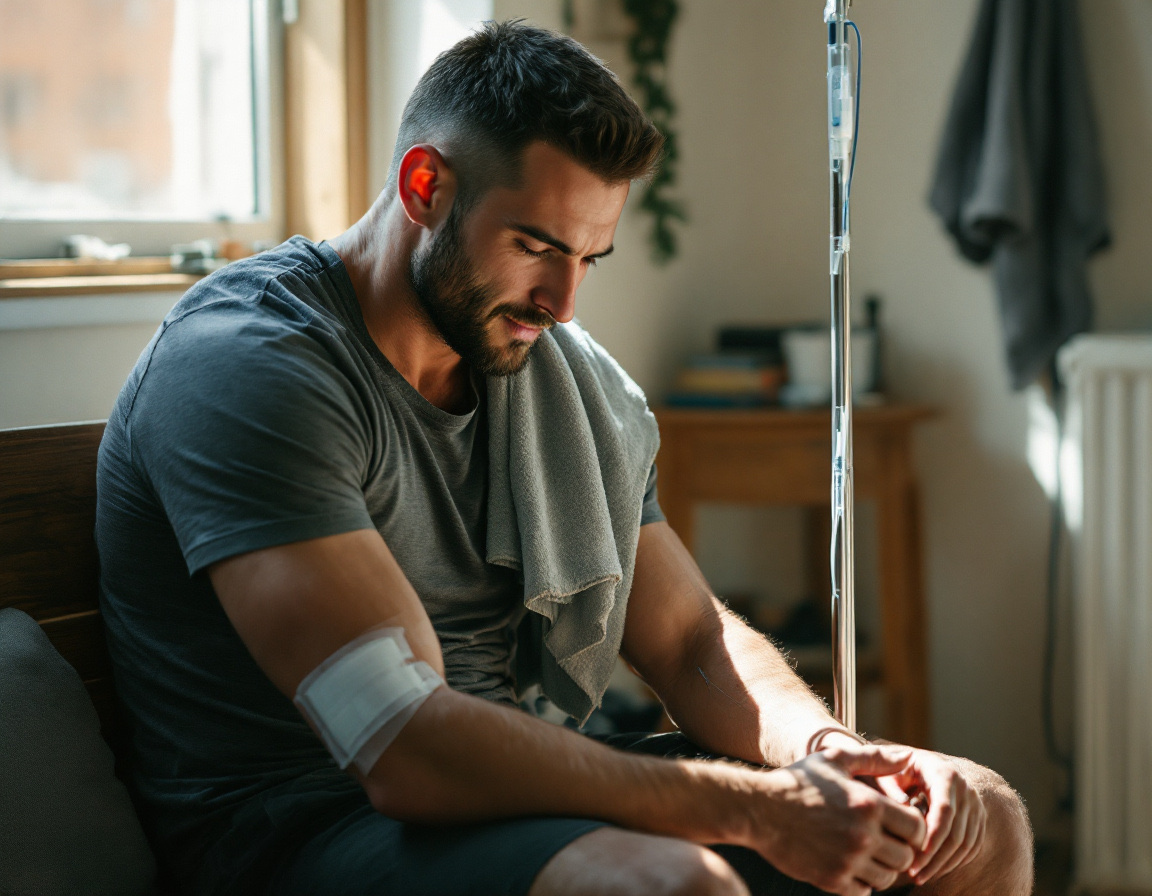 An athlete receiving a recovery drip in a warm, sunlit room