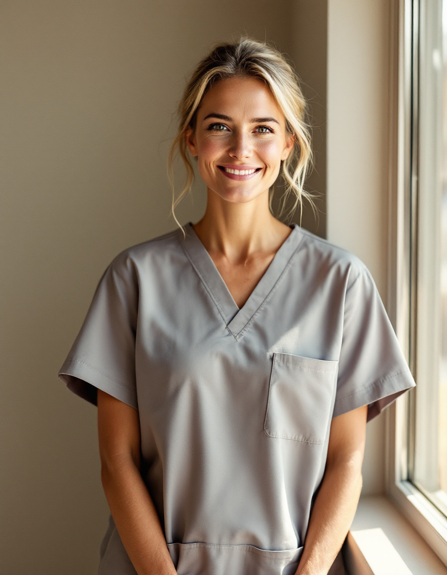 A licensed Drip Factor clinician in neutral scrubs, warmly lit