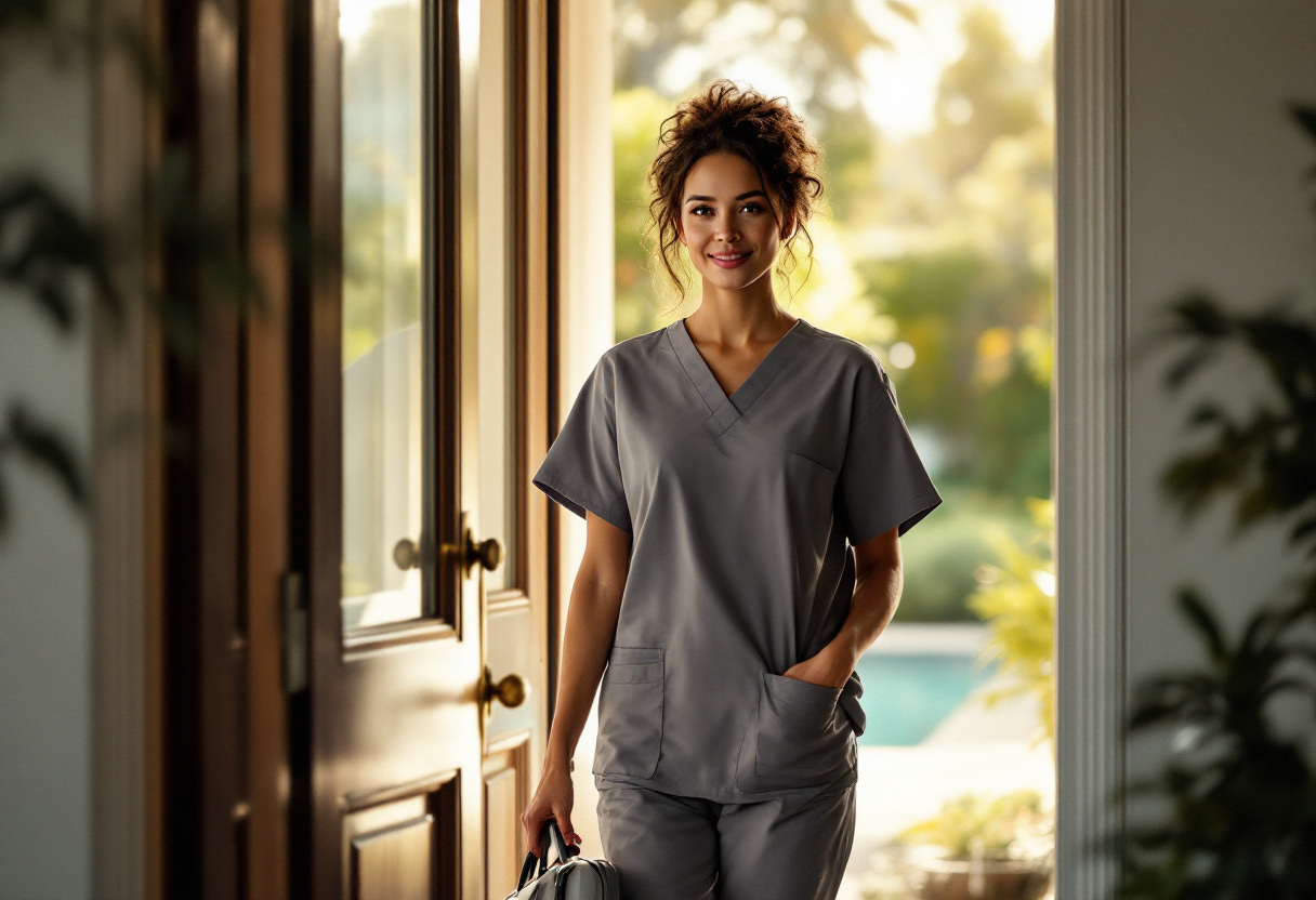 A clinician arriving at a luxury home with a treatment kit