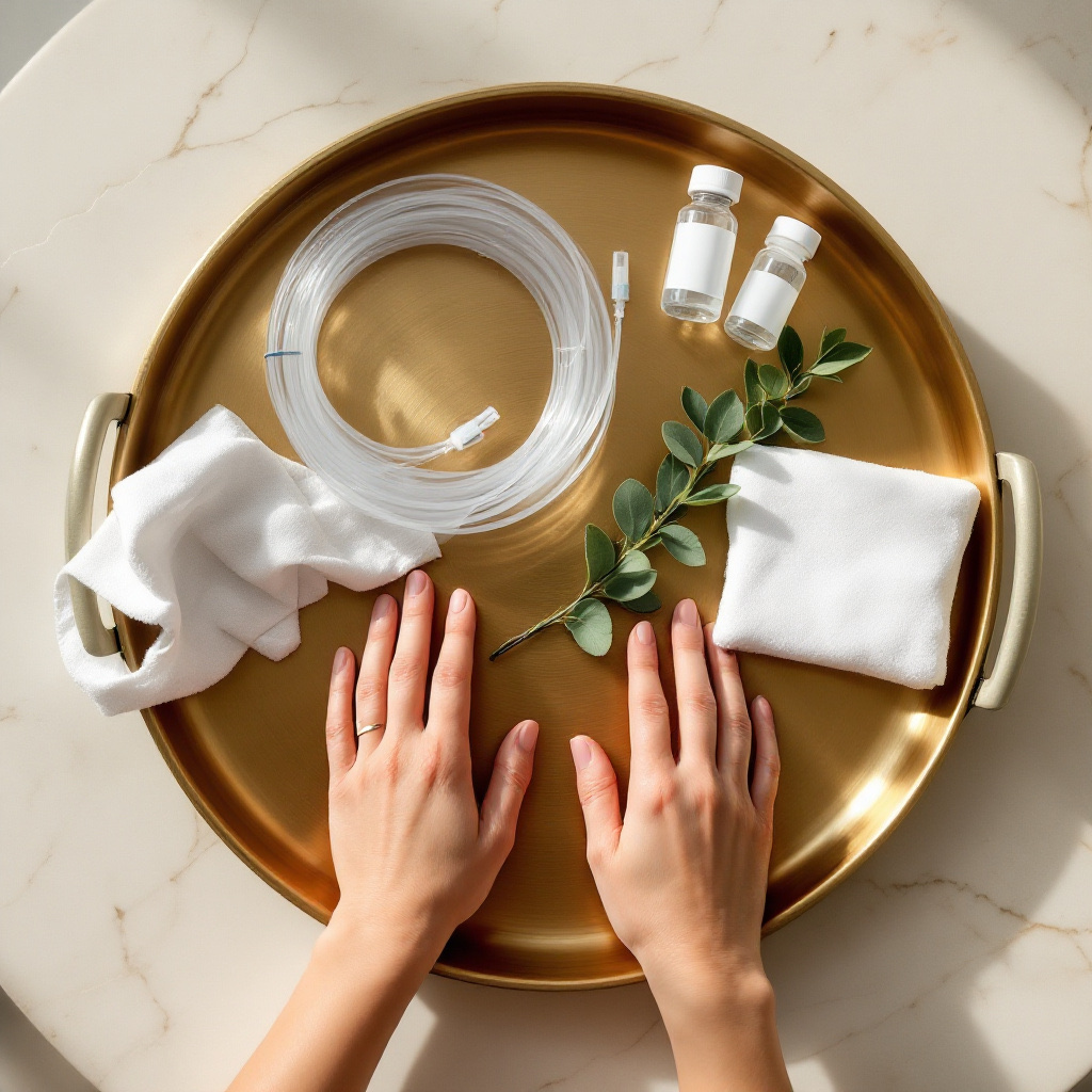 Overhead view of sterile single-use IV supplies arranged on a brushed-gold tray