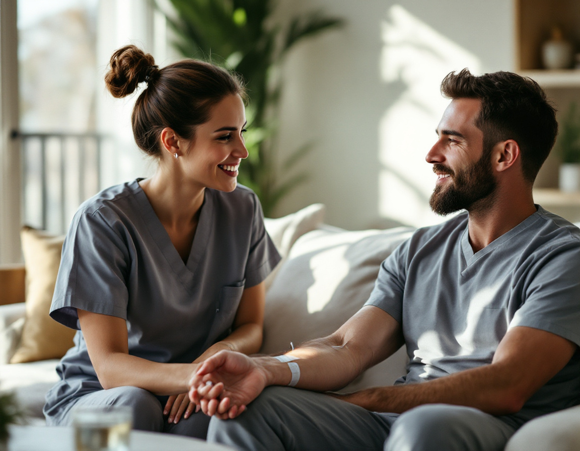 A licensed clinician administers an IV drip to a relaxed client on a sofa in a sunlit Los Angeles living room