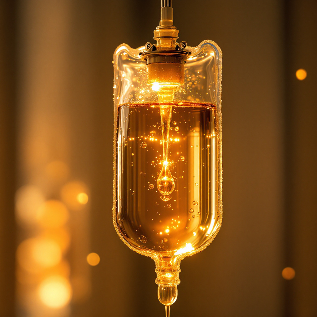 Macro detail of a warmly backlit IV bag, golden light through the liquid